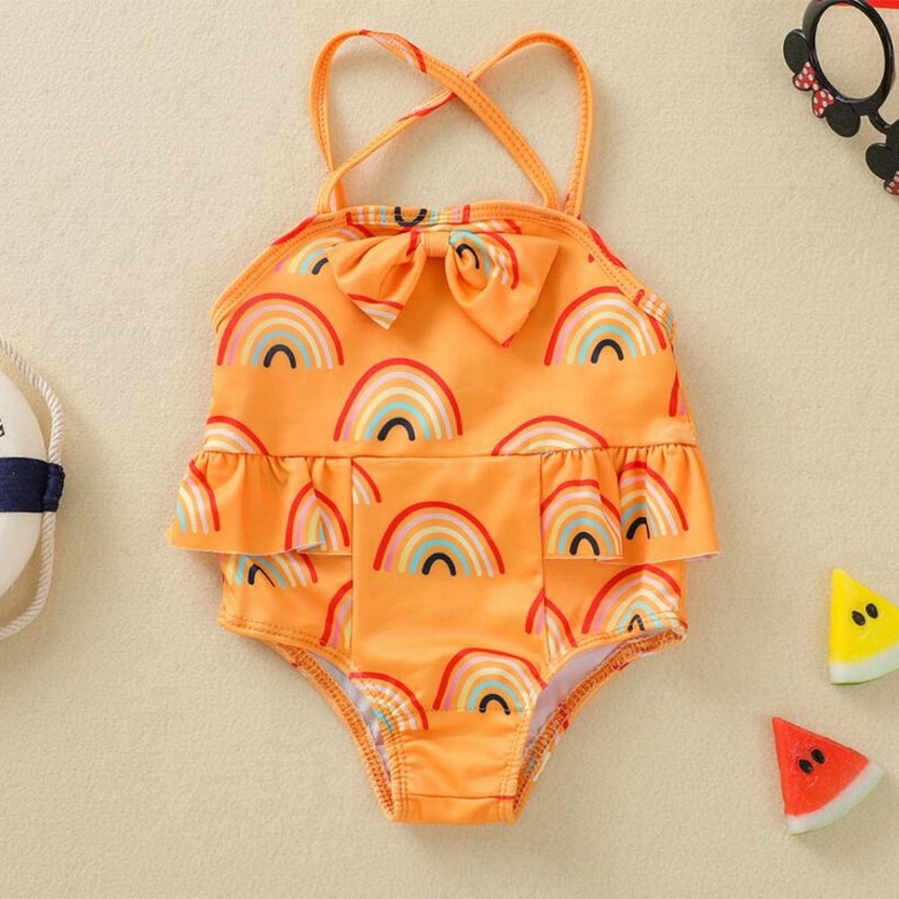 Orange Rainbow Print One-Piece Ruffle Crisscross Back Baby Girl Swimsuit